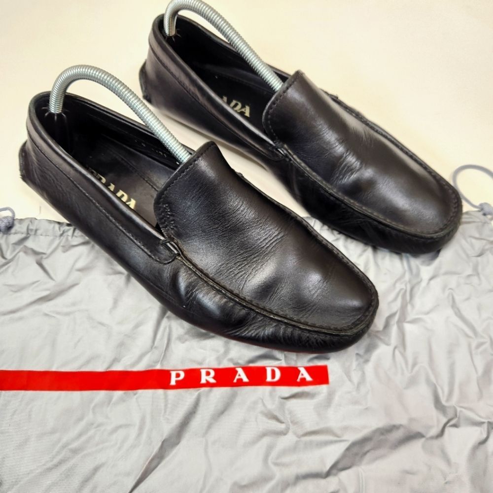 Prada Mens Black Leather Slip On Driving Loafer Shoes 8.5